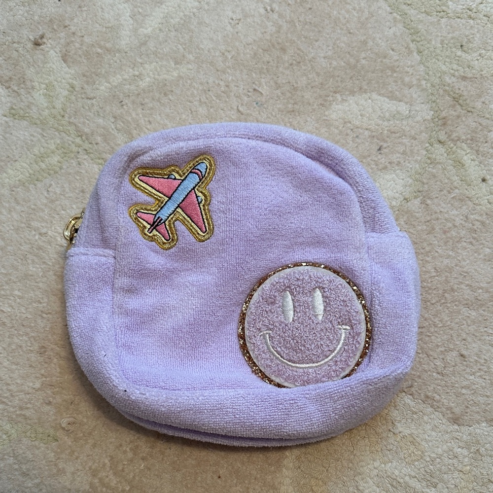 Stoney Clover Lane Purple Accessory Pouch with Smiley and Airplane patches